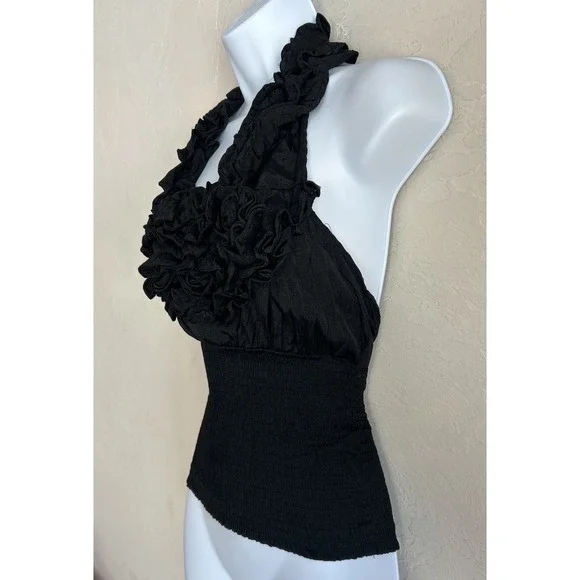Vintage Y2K Poetry Ruffle Halter Smocked Tank Top L Black Grunge Gothic READ - Picture 4 of 11